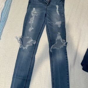 Hollister Women's Distressed Skinny Jeans - Dark Blue